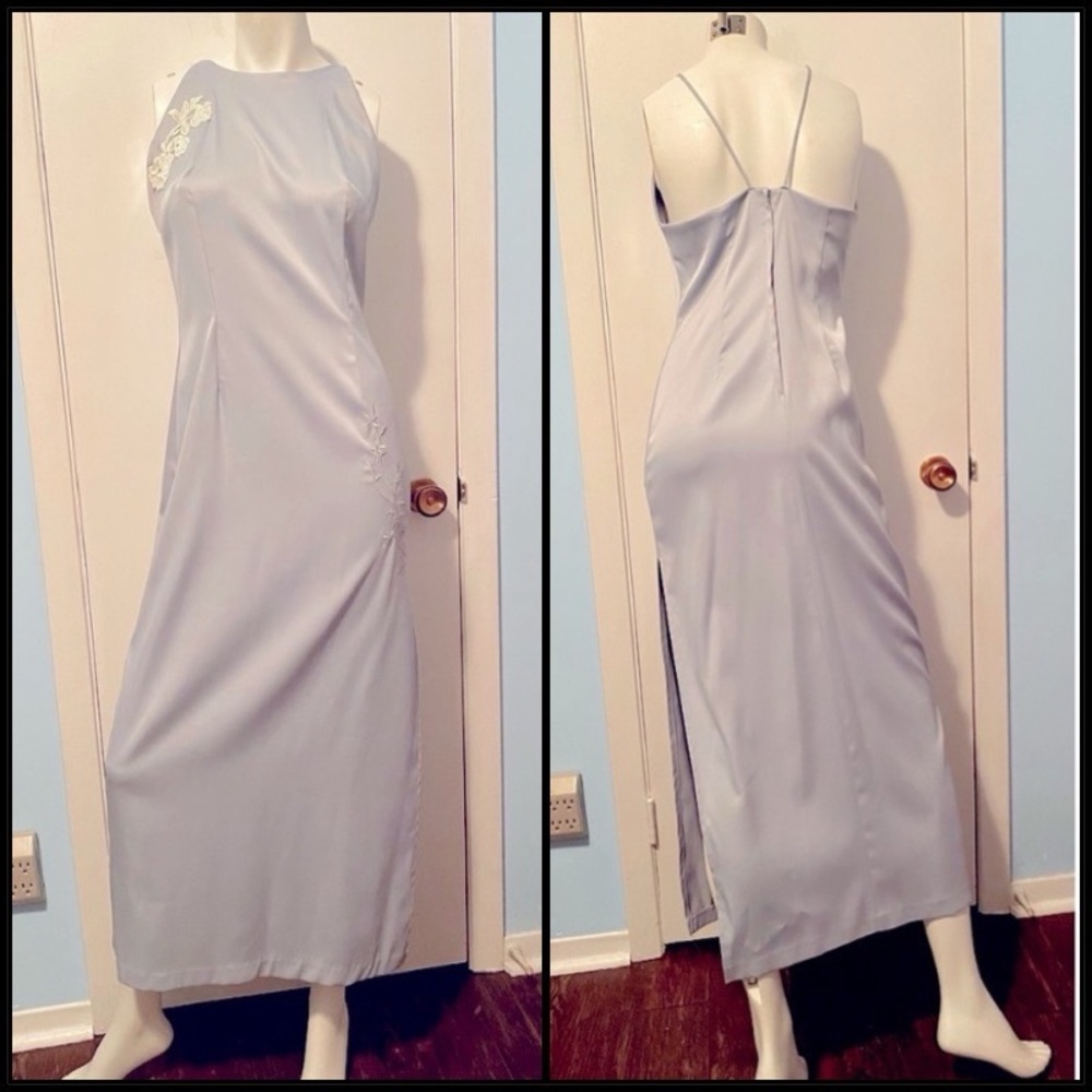 High neckline Periwinkle / slate blue formal full length gown with leg slit